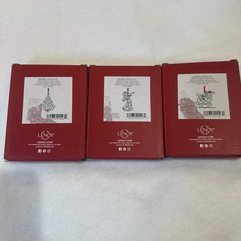 Lot Of 3 Lenox Sparkle & Scroll Christmas Ornaments Tree Angel Sleigh New Silver